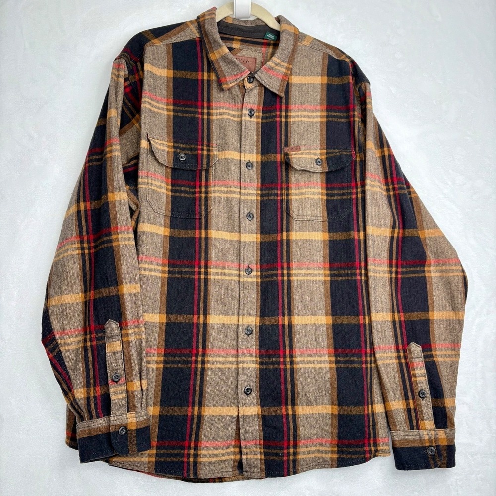 Orvis Classic‎ Collection Flannel Shirt Brown Black Plaid Button Up XXL